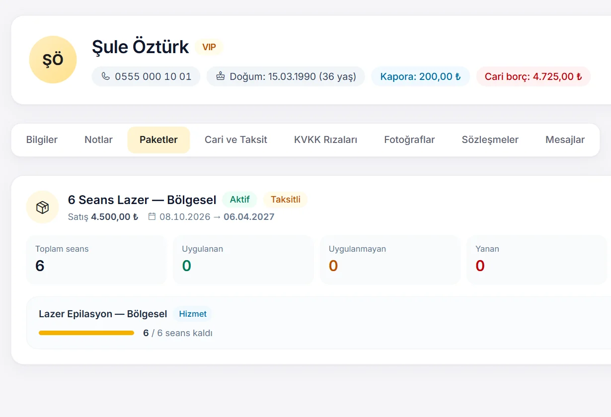 Müşterinin paket ve seans durumu